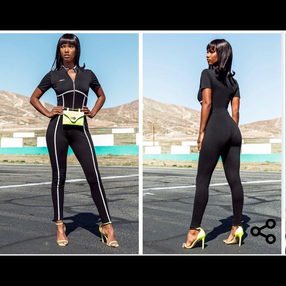 NEW PRETTYLITTLETHING Black Zip Up Binding Detail Jumpsuit